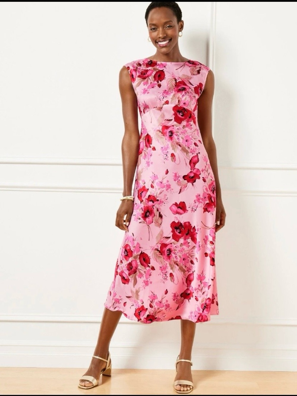 NWT Talbots Pink Satin Watercolor Bouquets Floral Midi Dress Large Garden Party